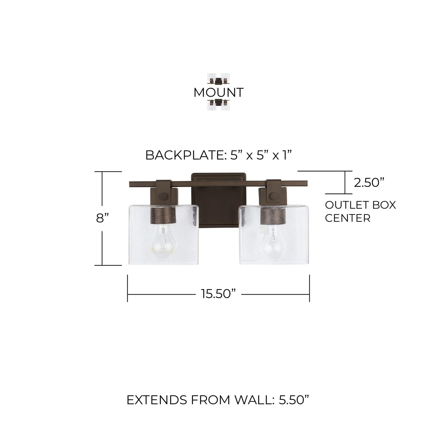 Capital Lighting 139124OR-498 Graham Unique Rectangular Clear Seeded Glass Bath Vanity Wall Mount, 2-Light 200 Total Watts, 8" H x 16" W, Oil Rubbed