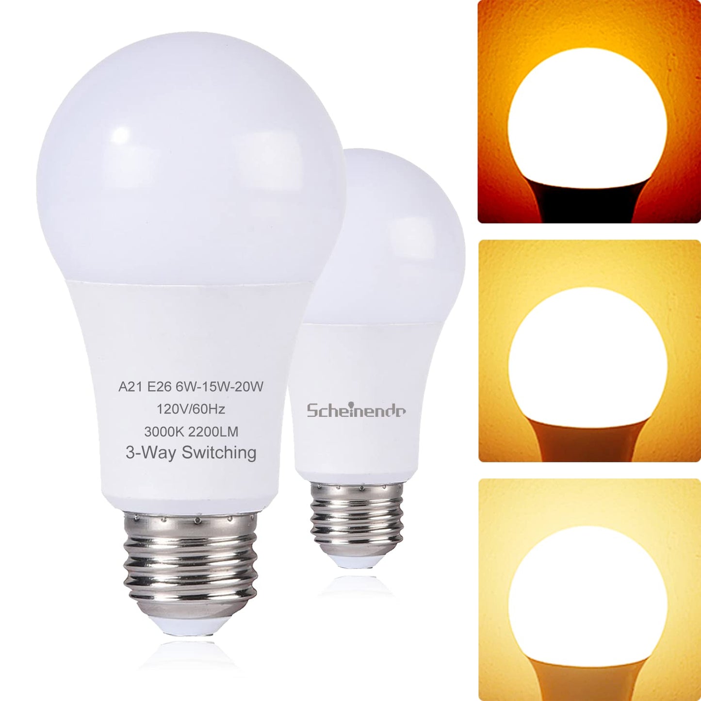 3-Way Led Light Bulbs 50 100 150 Watt Equiv, A21 E26 Bulb, 3000K, 2PK