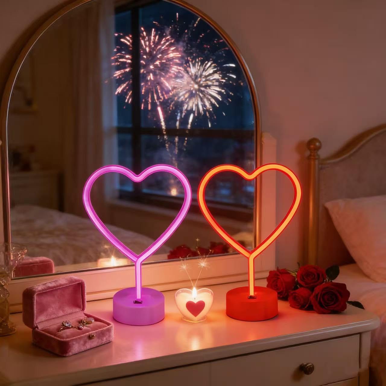 EMINGSKY Red & Pink Heart Neon Signs 2 Pack, LED Wall Light for Room Decor
