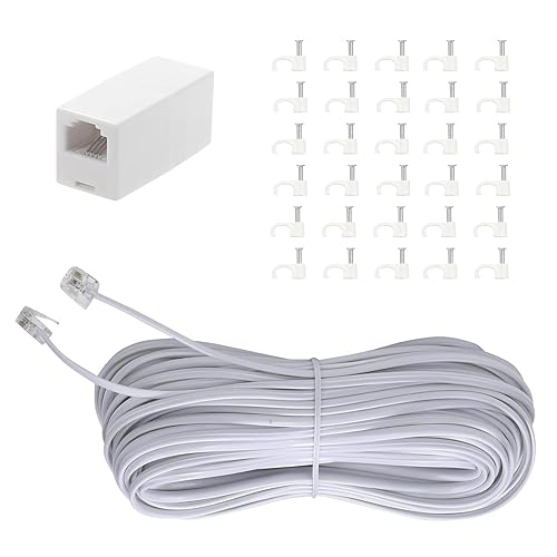 Yumiwoow Telephone Extension Cord Phone Cable Line Wire, with Standard RJ11 Plug and 1 in-Line Couplers and 30 Cable Clip Holders-White 15M