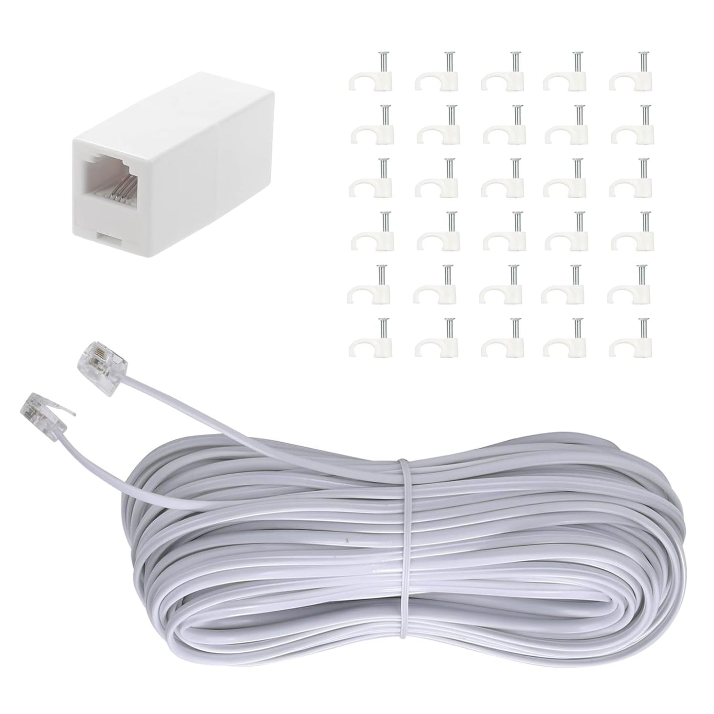 Yumiwoow Telephone Extension Cord Phone Cable Line Wire, with Standard RJ11 Plug and 1 in-Line Couplers and 30 Cable Clip Holders-White 15M
