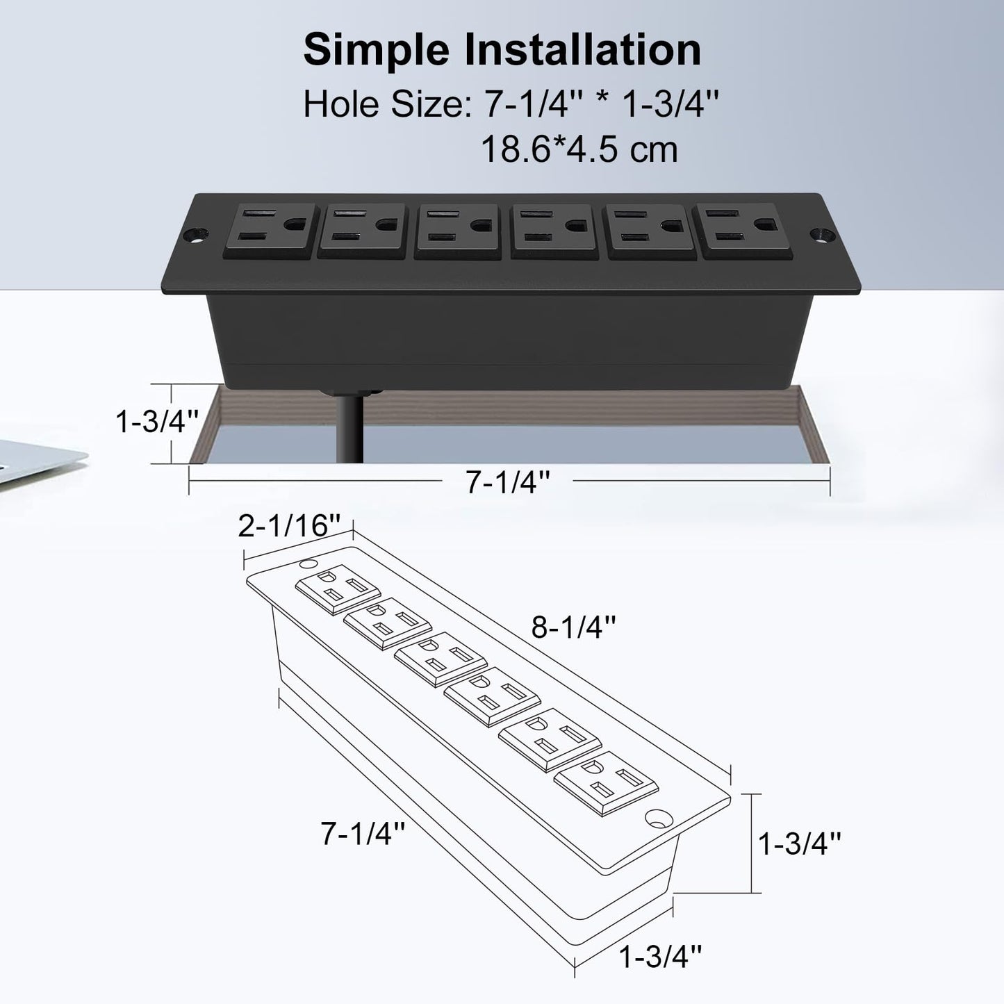 Recessed Power Strip Without USB,Mount Industrial Workshop Power Charge Station 6 Outlets 6.56’ft Extension Flat Plug Black