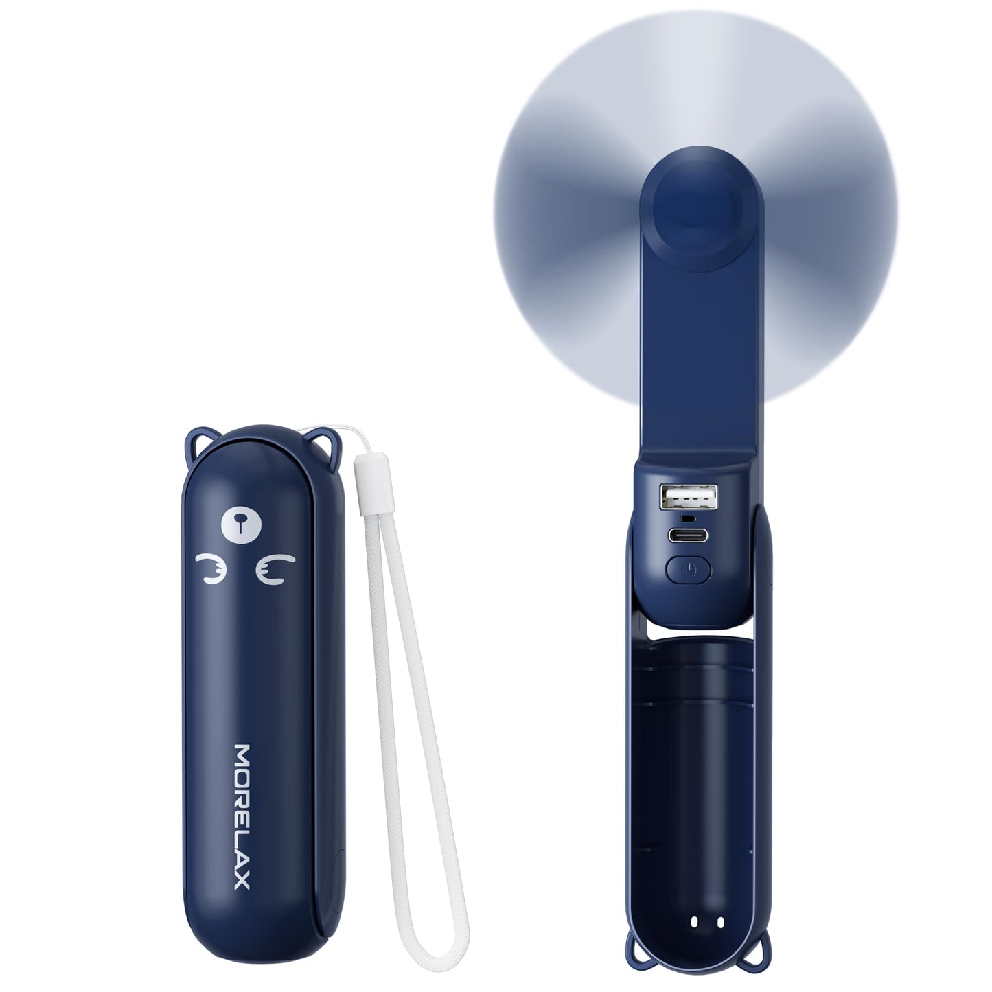 Morelax Portable Fan, Mini Handheld Fan with Power Bank, Cute USB Rechargeable Pocket Fan, Foldable Small Cooling Fan with LED Light, Personal Travel