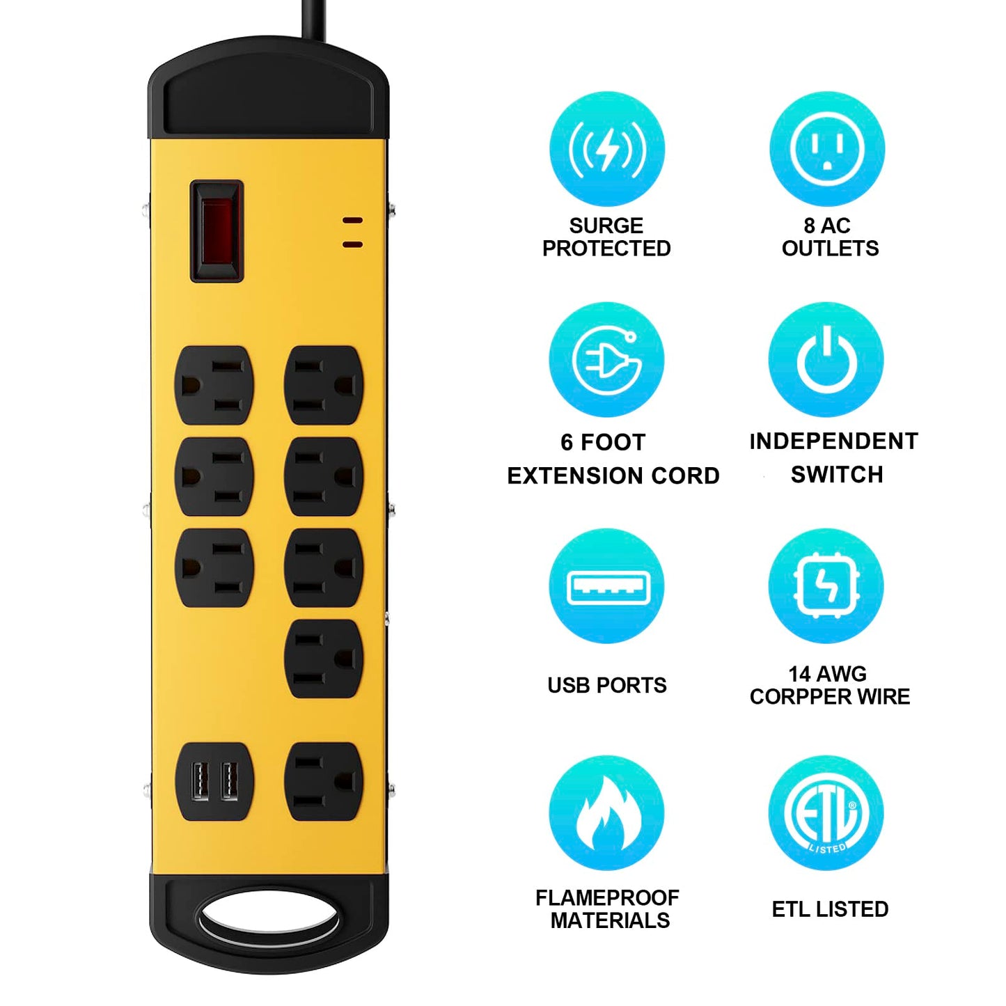 Oviitech 8 Outlets Mountable Heavy Duty Surge Protector Metal Power Strip with 2 USB Charging Ports(2.4A),1800 Joules with 6 Foot Long Extension Cord