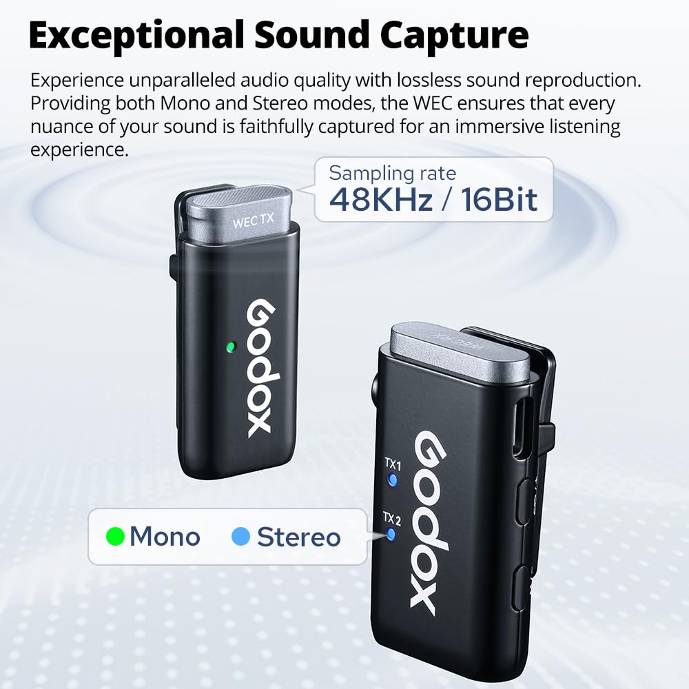 GODOX 2.4GHz Wireless Microphone System WEC kit2,One-Click oisecancellation,Exceptional Sound Quality,Digital Battery Display,Max 200m Los Range