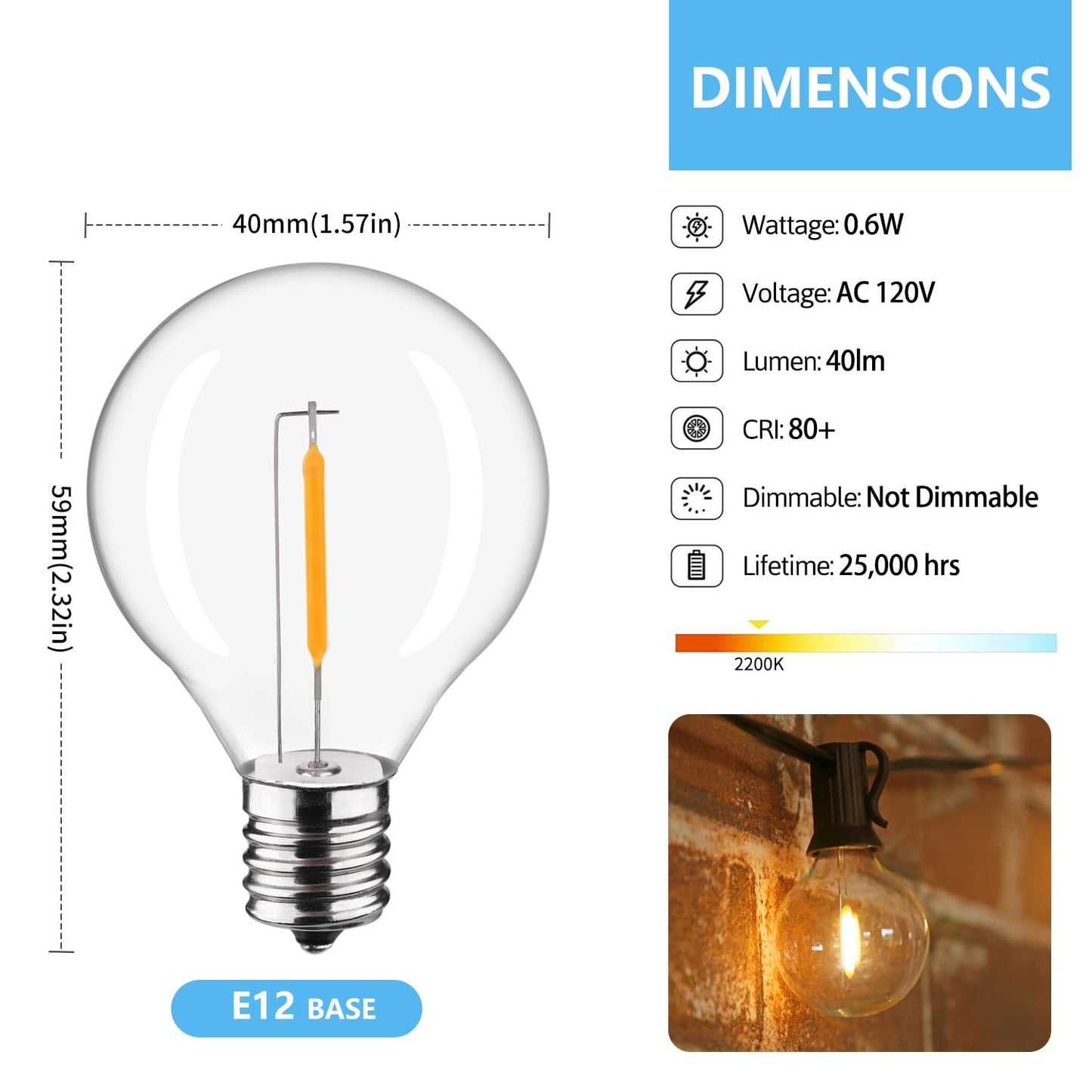 LiEiDi 50-Pack G40 LED Replacement Light Bulbs, E12 Screw Base Shatterproof Globe Bulbs for Outdoor String Lights, 0.6 Watt 40 Lumens Equvalent to 5 6
