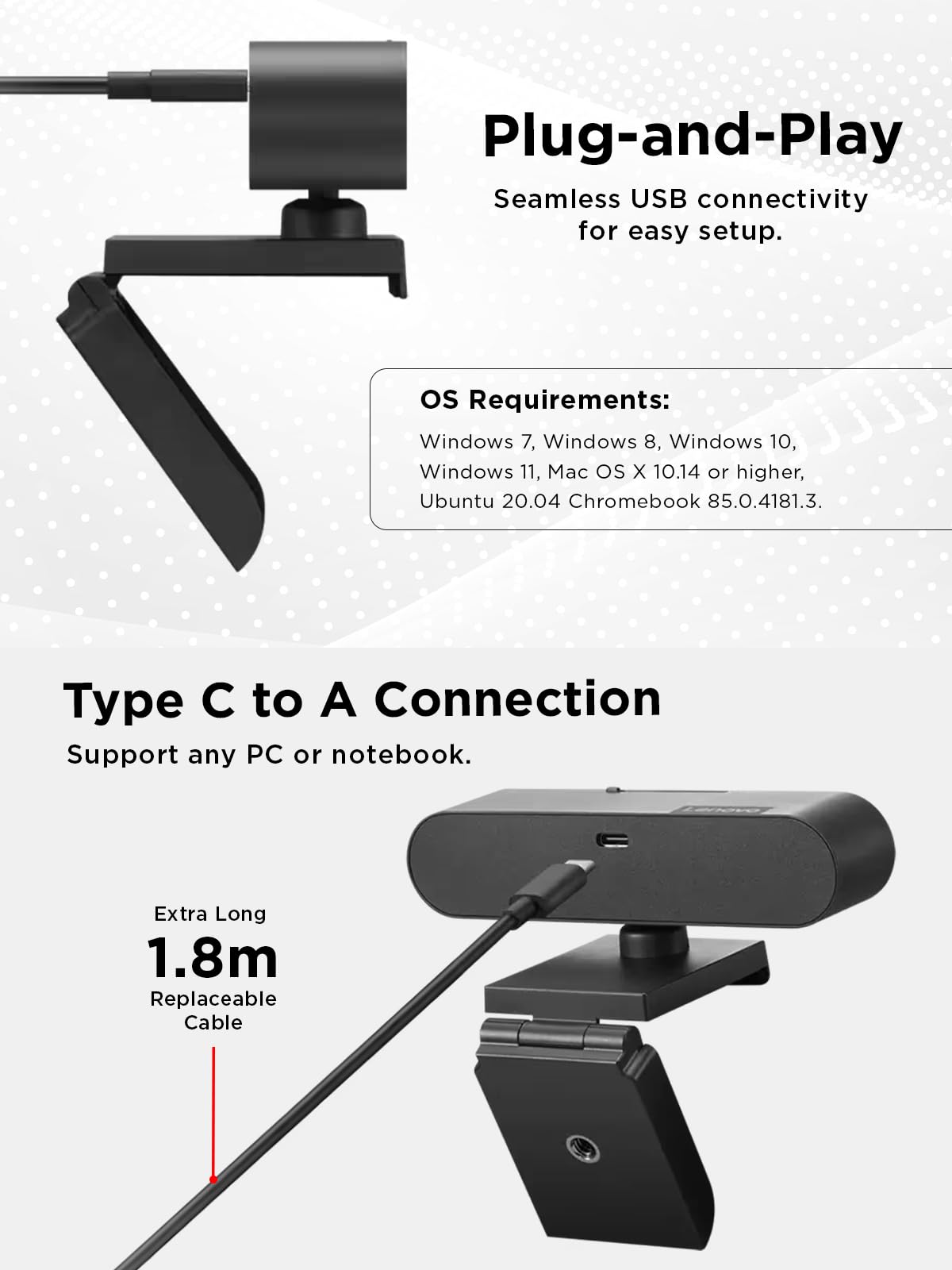 Lenovo Performance FHD 1080p Webcam USB-C,Log-on with Windows Hello, Dual Microphones, 95 Degree Lens and 4X Digital Zoom, Sliding Privacy Shutter