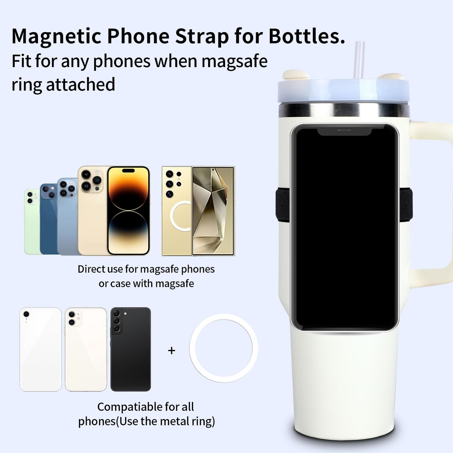 Solememory Magnetic Phone Strap for Bottles Stanley Cups, Magnetic Phone Holder with 2pcs Adjustable Straps for Phone Using in Gym, Shopping Cart