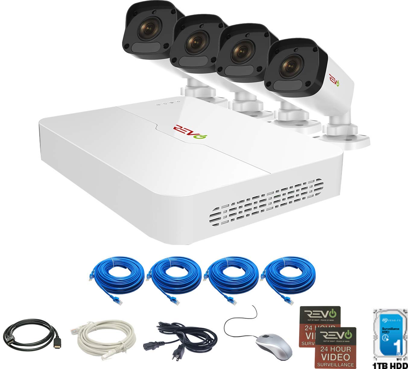 REVO America Ultra HD 4 Ch. 1TB HDD IP NVR Video Surveillance System, 4 x 1080p Bullet Security Cameras - Remote Access via Smart Phone, Tablet, PC