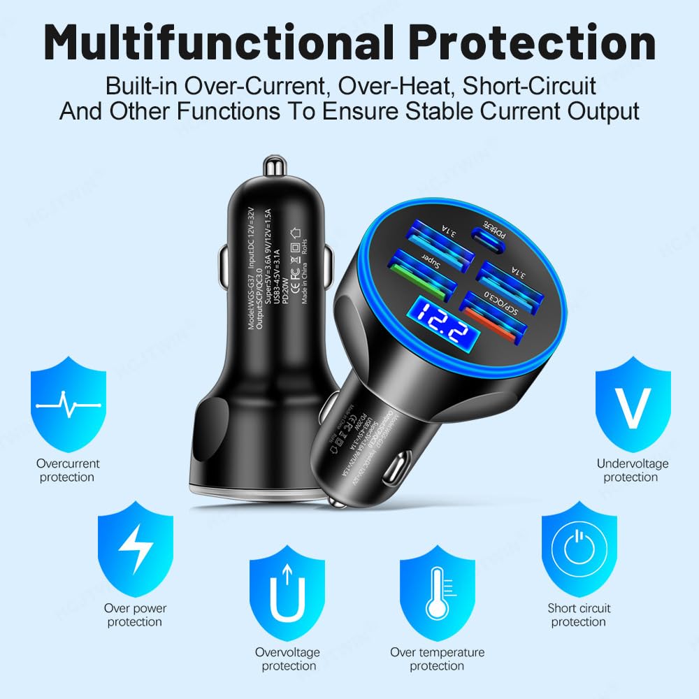 Alanph 5-in-1 Multi-Port USB C Car Phone Charger with Voltage Display, 250W Super Fast Charge Cigarette Lighter USB Charger