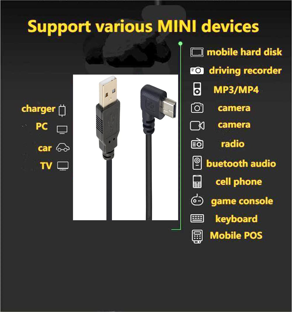SHANFEILU 90 Degree Mini USB Cable Angle Mini 5pin USB B Male to USB 2.0 Male Data Sync Charging Extension Cable for GPS Dash Cam Black Left Angle
