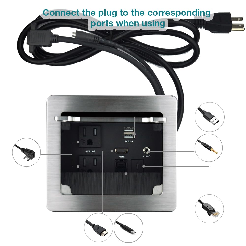 Tabletop Brush Connectivity Box with 2 AC Power + 2 USB Charger + HDMI + 1 3.5mm Audio + USB-C Data + RJ45(cat6) for Conference (Silver)