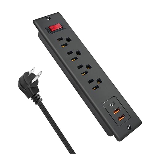 4 Outlets Recessed Power Strip with USB C 20W, Fast Charge Desktop Power Outlet Flush Mount Desk Extender 6.56 ft Extension Cord Plug in Furniture