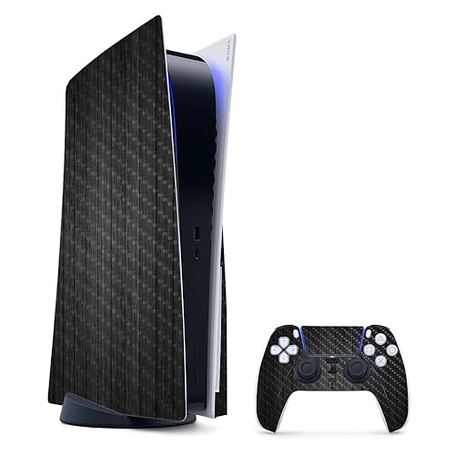 MightySkins Carbon Fiber Gaming Skin for PS5 / Playstation 5 Bundle - Black Wood | Durable Textured Carbon Fiber Finish | Easy to Apply and Change