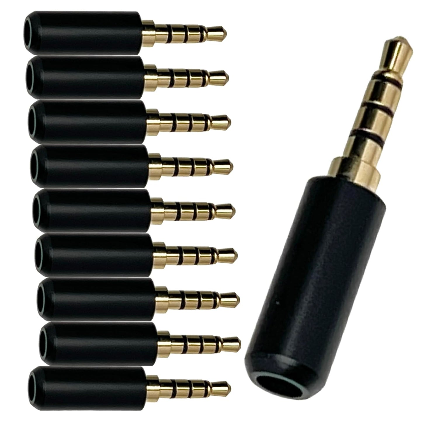 3.5mm TRRS 4 Pole Male Plug, Gold Plated Solder Headphone Jack with Black Metal Housing, 10 Pack