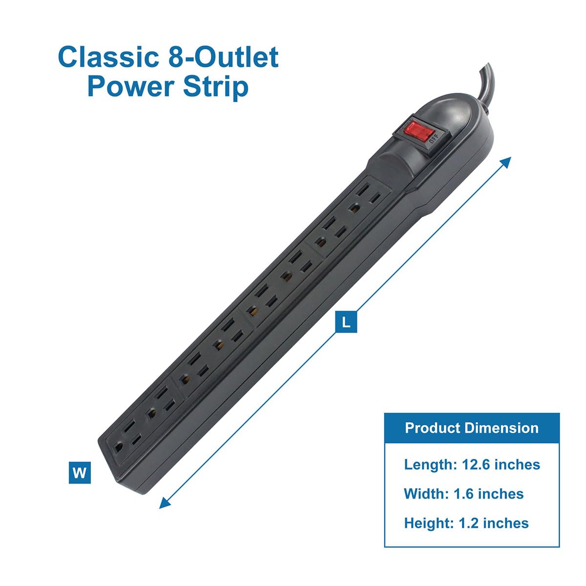 J.VOLT 8 Port Power Strip Surge Protector, 6 Feet Cord with Lit Switch, for Home Office School Shop Garage, Wall Mountable,750J 15A 125V 1875W, 14AWG