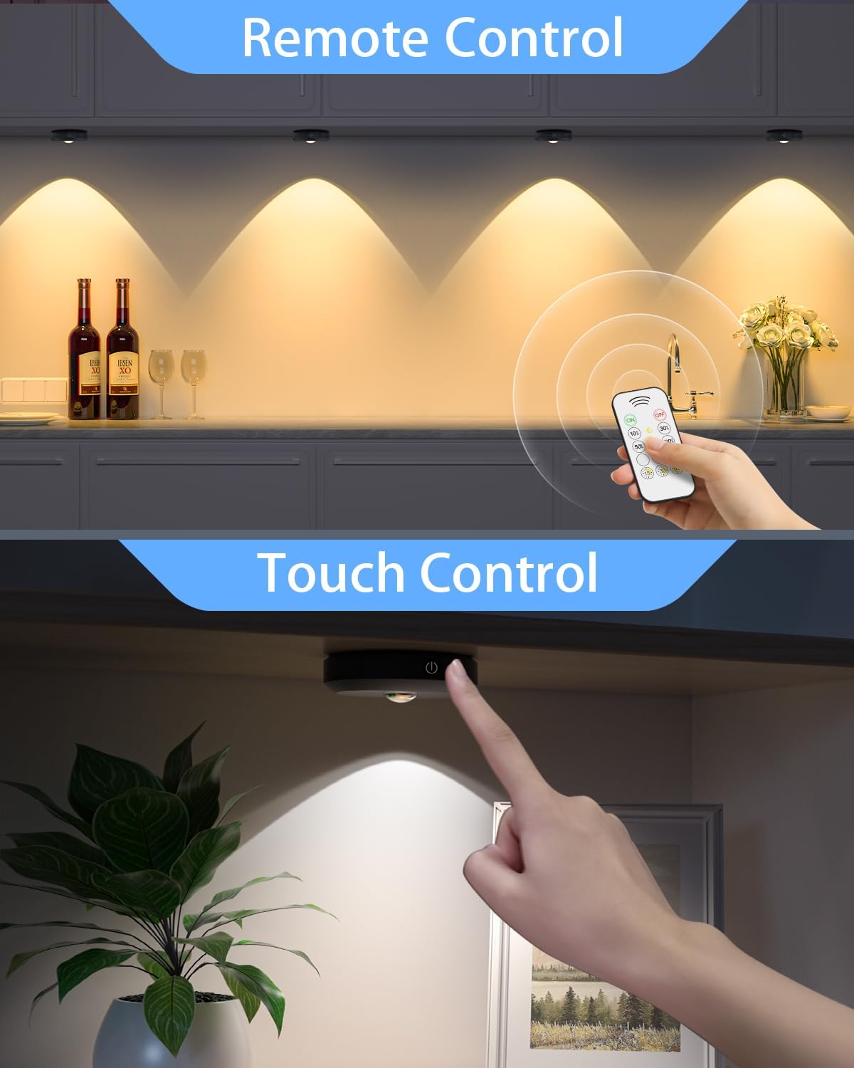 WILLED Puck Lights with Remote Control, Rechargeable Under Cabinet Lights, 1200mAh Battery Operated Tap Lights, Dimmable Push Lighting, Wireless