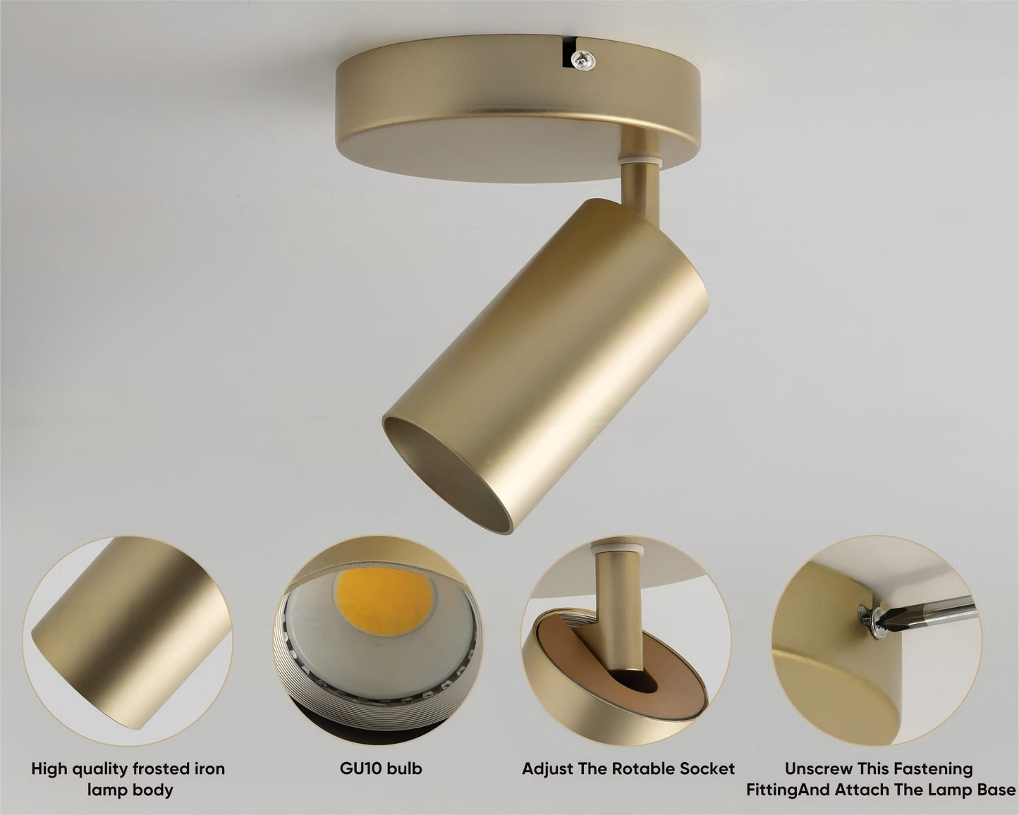 NatureLamp 2 Pack Gold Ceiling Spotlights Indoor Adjustable 1-Light Track Lighting with Flexibly Rotatable Spot Light Head for Bedroom, Kitchen, GU10