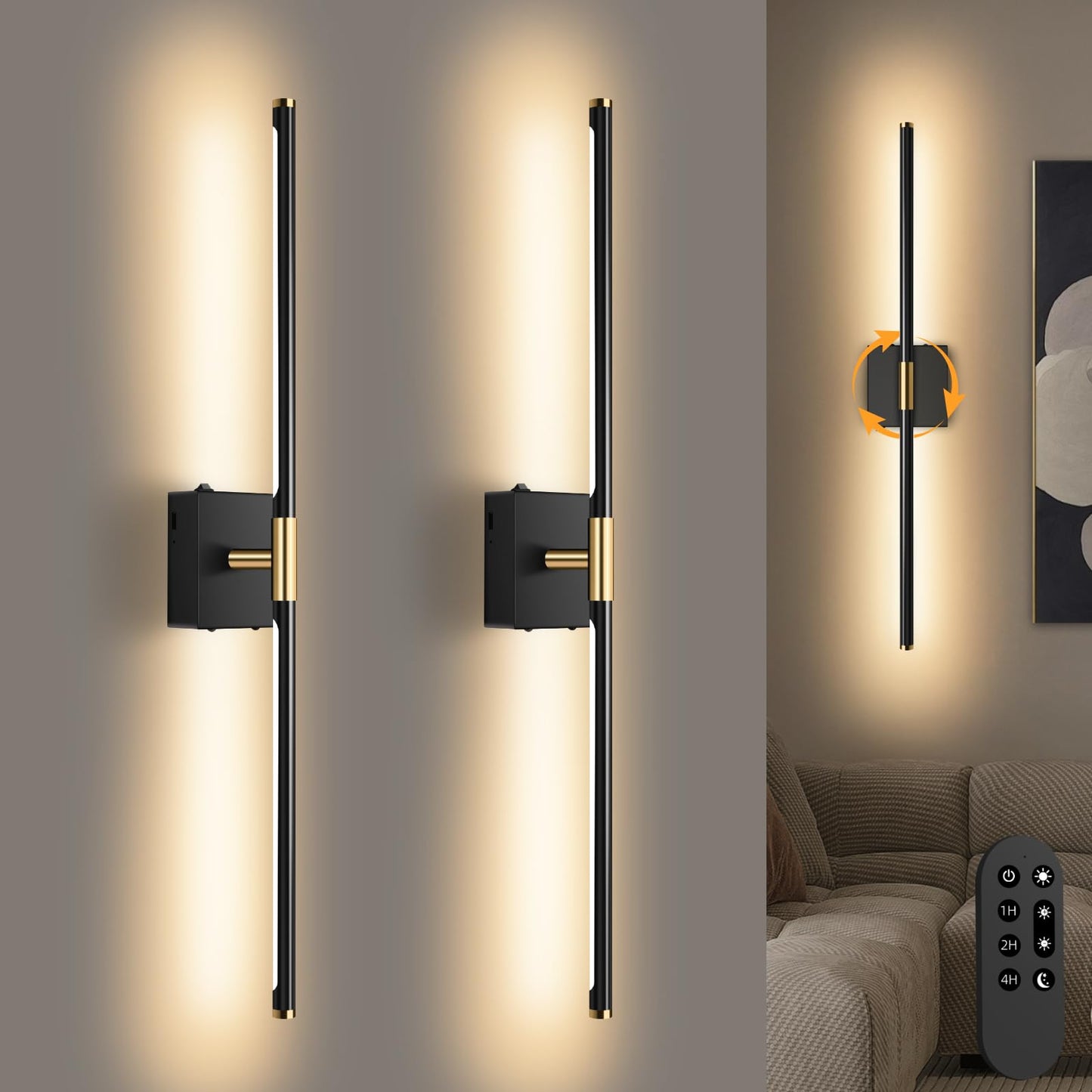 SAIMAND Wall Sconces Set of 2 Battery Operated, Wireless USB Rechargeable Wall Lights with Remote Control, 360° Rotation, 8000mAh LED Dimmable Picture