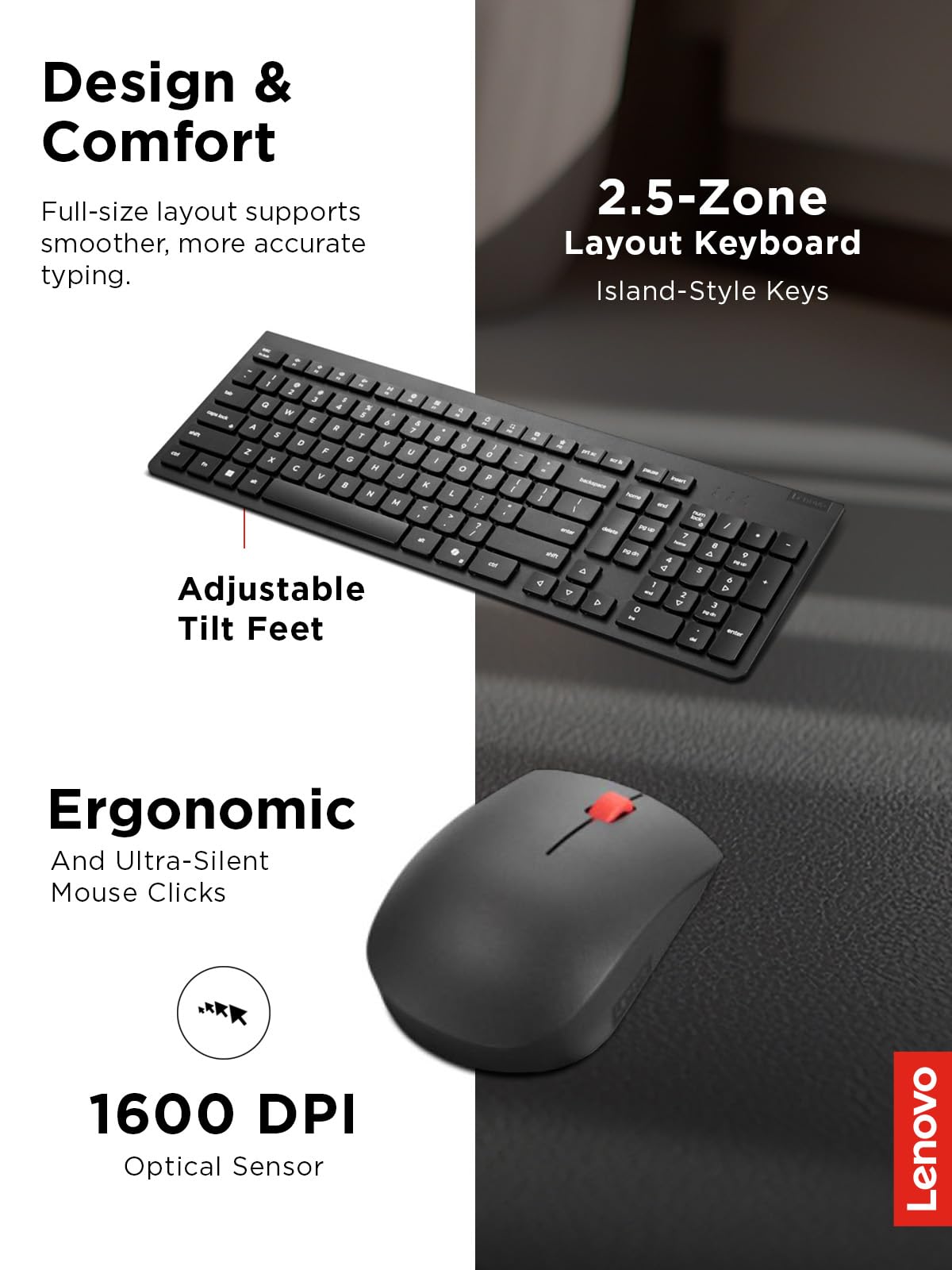 Lenovo Essential Wireless Combo Keyboard & Mouse Gen 2 US English, 2.4 GHz Wireless USB Connection, AES-128 Encryption for the Keyboard, Full-Size