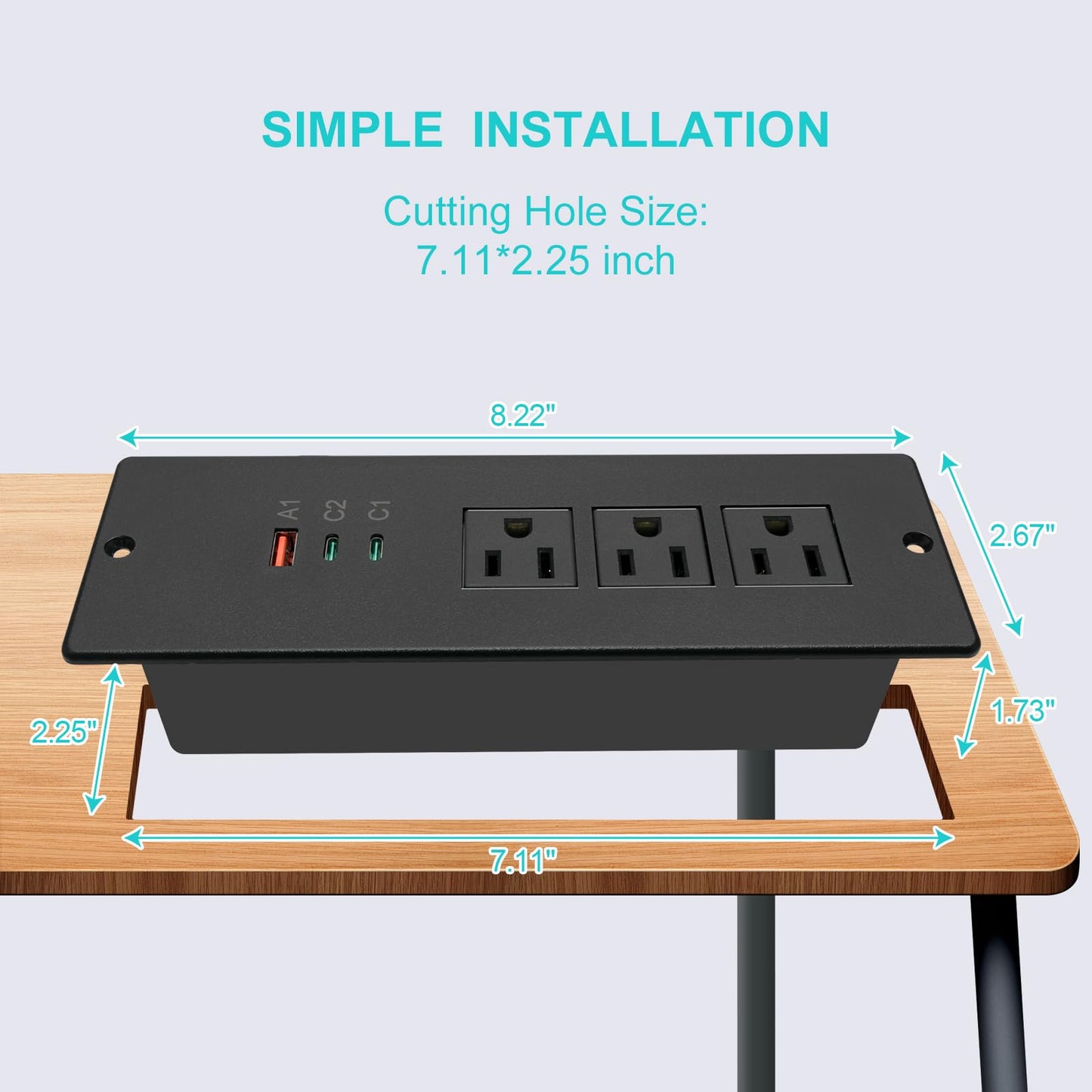 Recessed Power Strip USB C 65W,Flush Mount Desk Power Outlet 3 Outlets 3 USB (PD 65W& QC60W,) 6.56ft Heavy Duty Power Cord with Flat Plug Fast Charge