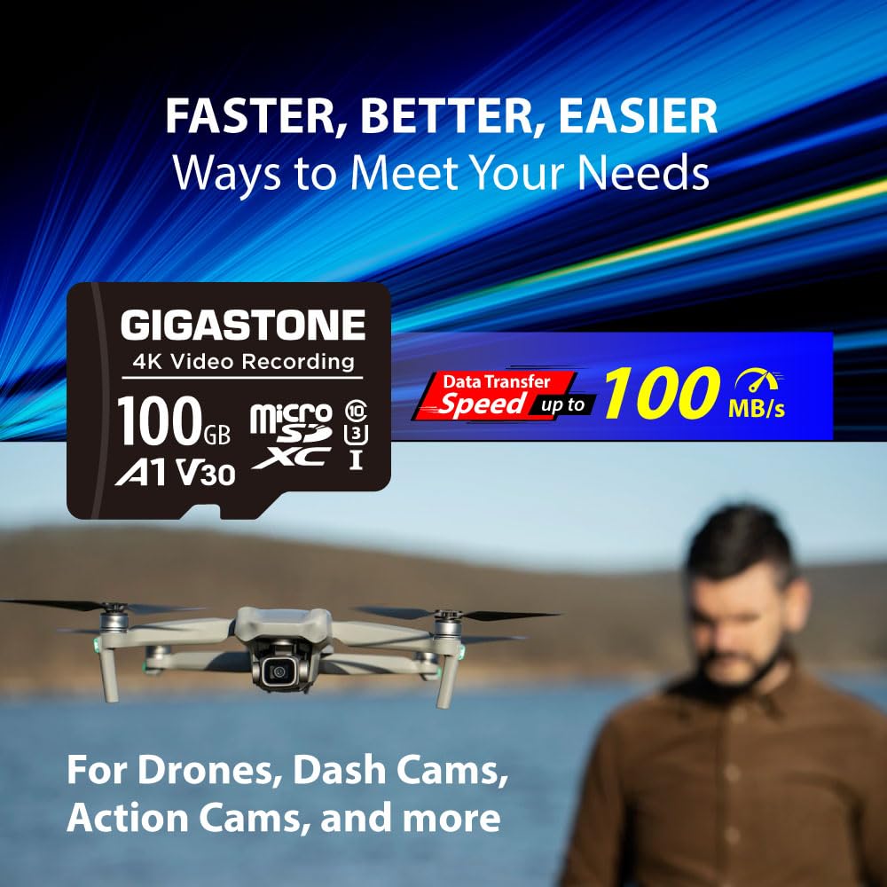 GIGASTONE 100GB Micro SD Card, A1 V30 4K Video Recording, Compatible with Security Camera, Dash Cam, Drone, 100MB/s MicroSDXC Memory Card UHS-I