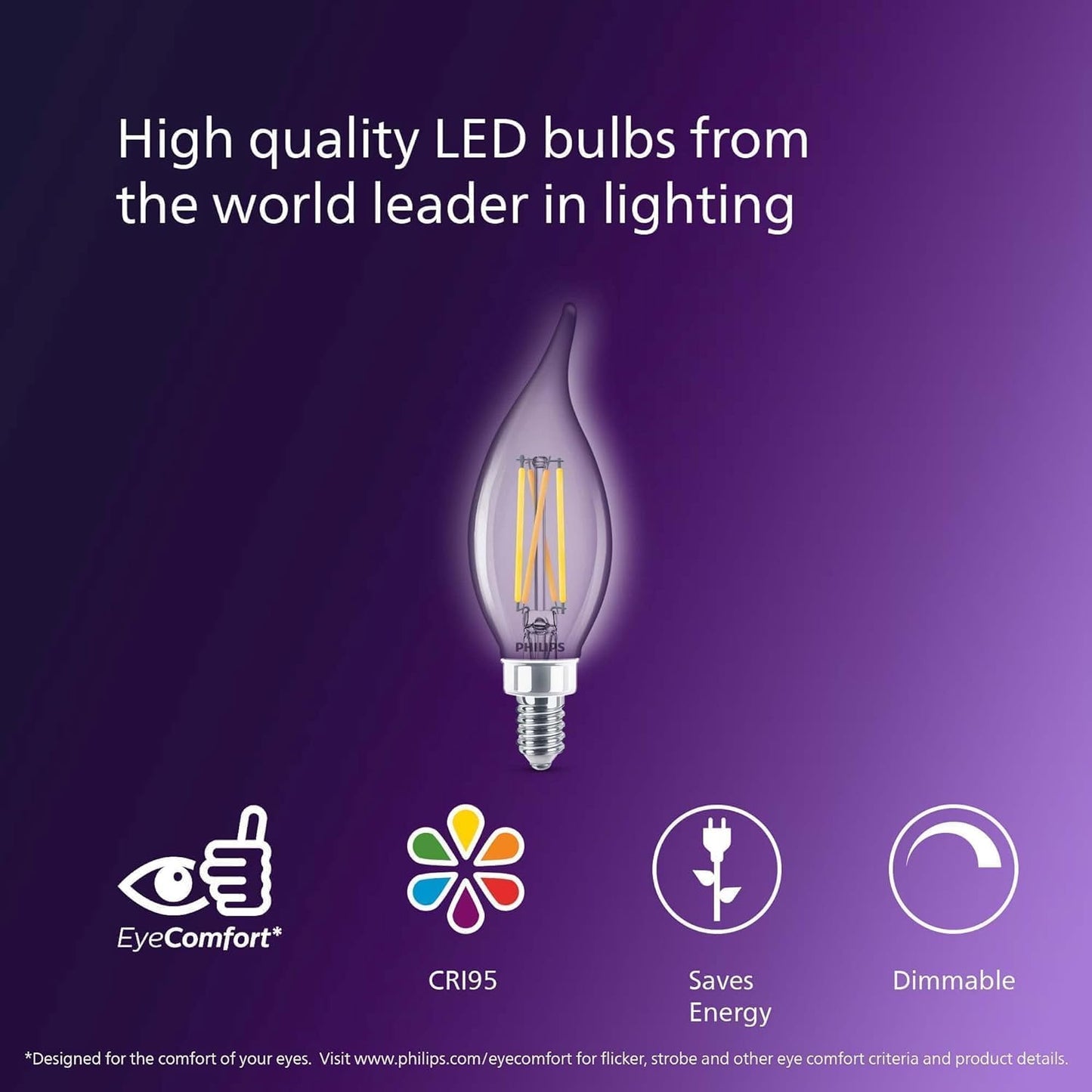 PHILIPS LED 60W BA11 E12 Base 3-Pack Ultra Definition Daylight (5000K) 500 Lumen (5W = 60W) Dimmable Clear Flicker-Free Candelabra Light Bulbs