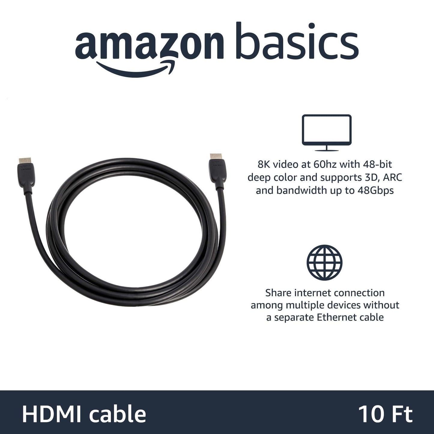 Amazon Basics HDMI Cable, 10 feet, HDMI 2.1 to HDMI Cable (48Gbps), 8K@60Hz 4K@120Hz Certified Ultra High Speed, Black, Compatible