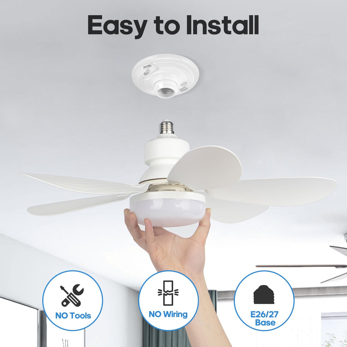 Socket Fan Light, Socket Celling Fan Remote Dimming 20.5" in Room (White)