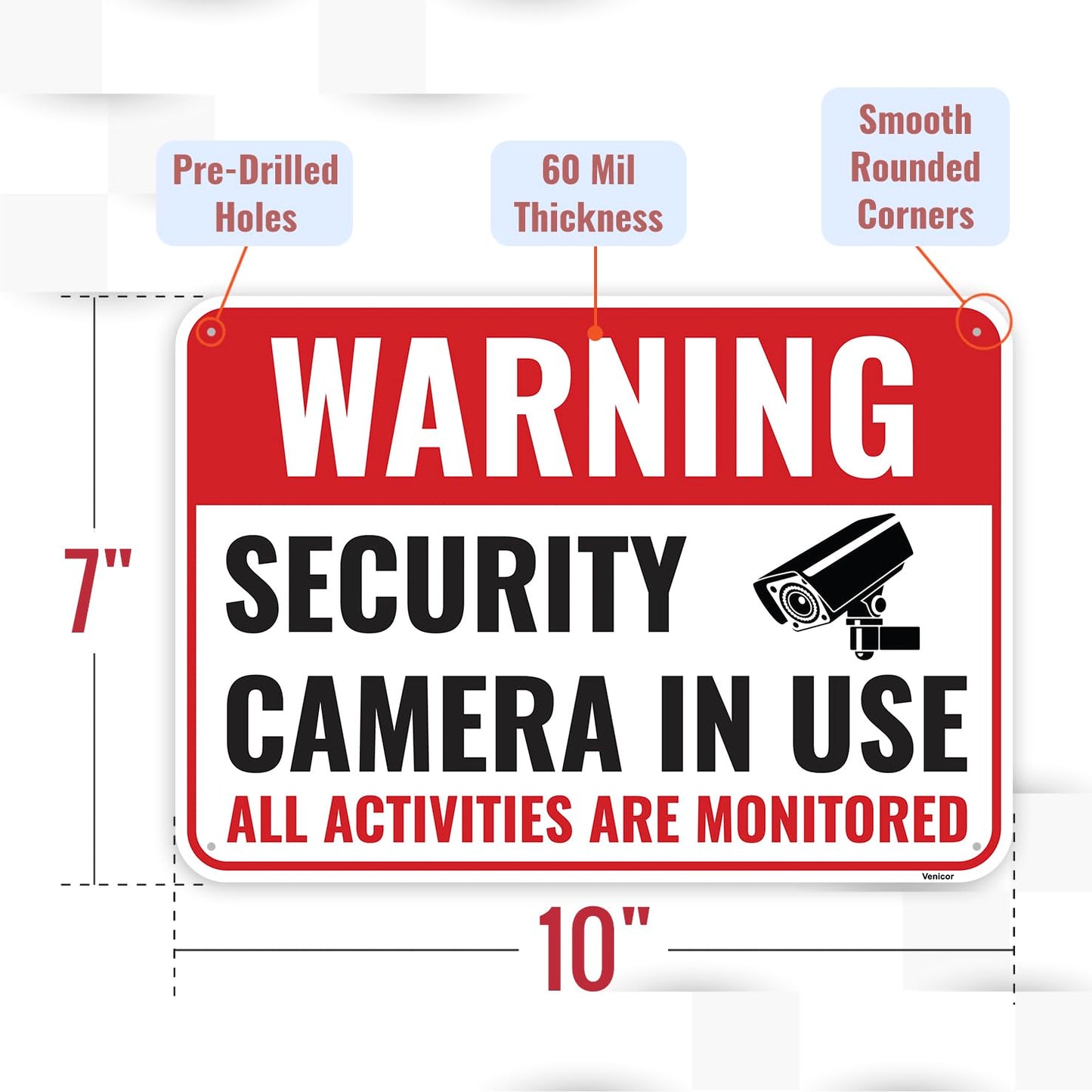 2PC Security Camera In Use Sign, 10 x 7 Inches - Aluminum - Warning All Activities Are Monitored