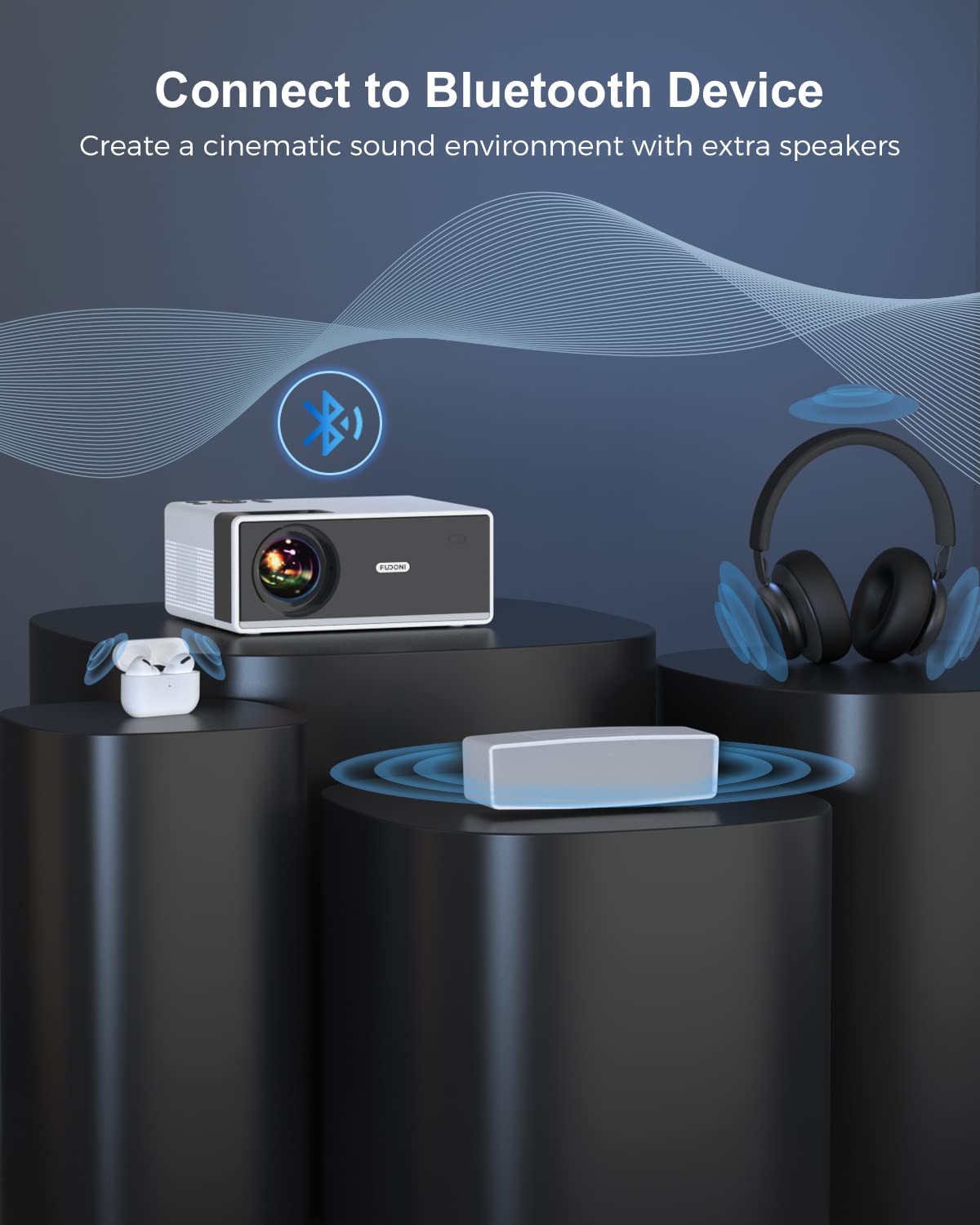 FUDONI Projector with WiFi and Bluetooth 4K Support, 300ANSI Outdoor Indoor Projector FHD 1080P Max 300" Display, Movie Video Home Theater Projector