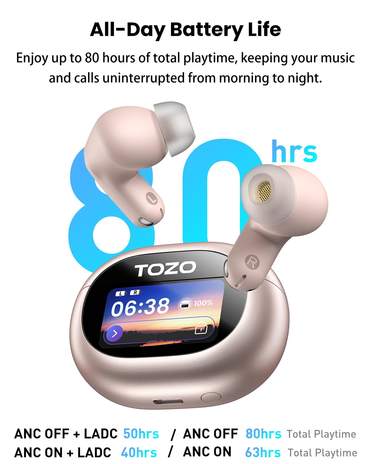 TOZO NC20 Pro Active Noise Cancelling Wireless Earbuds, Smart LCD Screen