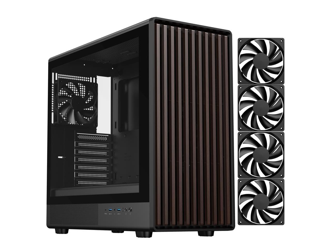 DIYPC DIY-ATX08-Wood Black USB3.0 /Type C ATX Mid Tower Gaming Computer Case w/Tempered Glass Side Panel and Walnut Wood Front Panel