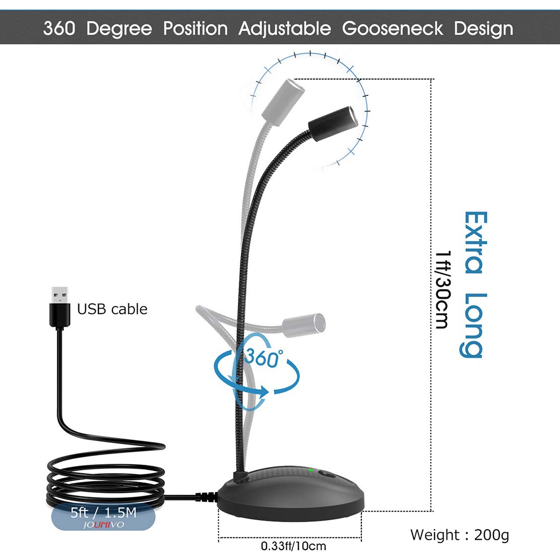 JOUNIVO USB Microphone, 360 Degree Adjustable Gooseneck Design, Mute Button & LED Indicator, Noise-Canceling Technology, Plug & Play, Compatible