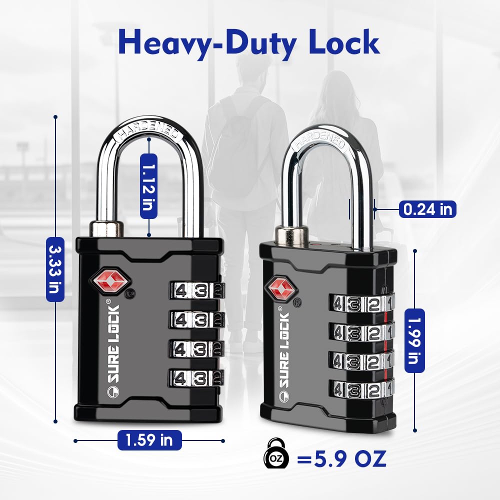 SURE LOCK TSA Accepted Heavy Duty Combination Padlocks 2 Pack – Travel Locks for Gun Cases, Equipment, Trade Shows, Music & Medical (Black)