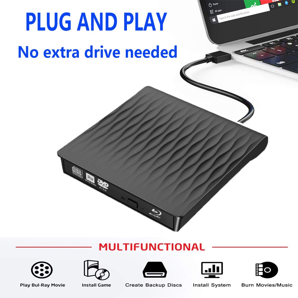 Xglysmyc USB3.0 External 3D Blu Ray DVD Drive,Super Slim Portable Blu Ray CD DVD Drive Burner Player CD/DVD+/-RW Writer Reader Compatible with Laptop