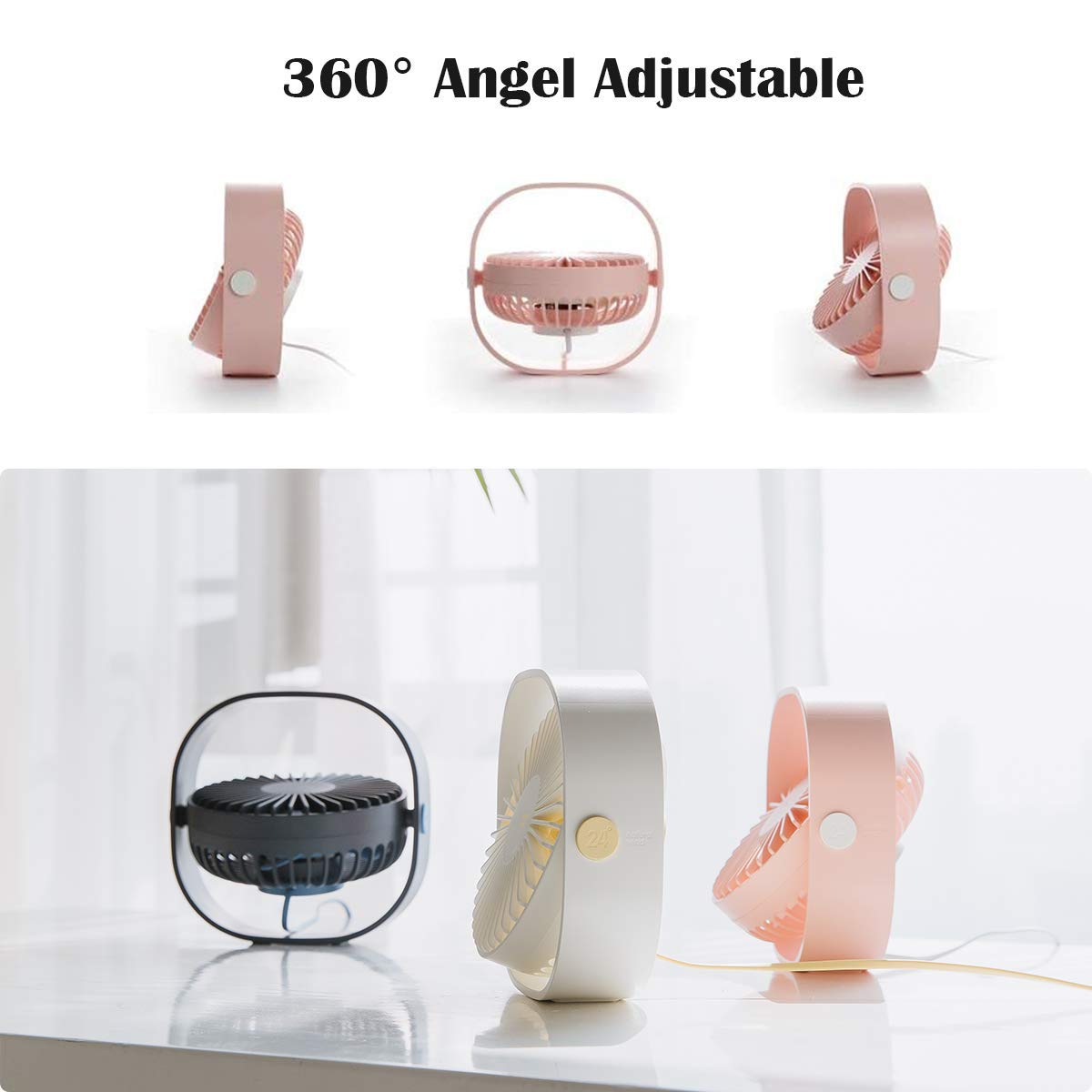 Small USB Desk Fan 3 Speeds Table Cooling Fan 360° Rotatable Untral Quiet for Home Ofiice Laptop (Pink)