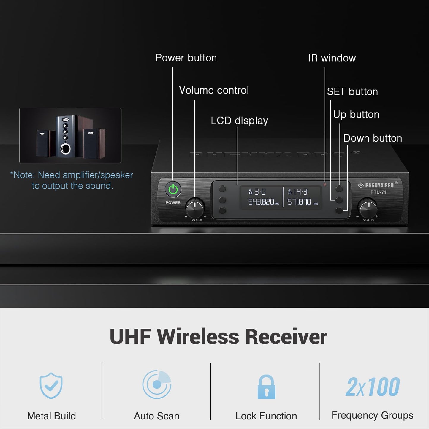 Phenyx Pro Wireless Microphone System, Dual Mic Set with Handheld/Bodypack/Lapel Mics,Auto Scan, 2x100 UHF Frequencies,328ft Range,Cordless Microphone
