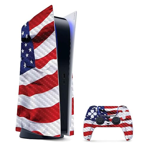 MightySkins Carbon Fiber Gaming Skin for PS5 / PlayStation 5 Bundle - American Flag | Durable Textured Carbon Fiber Finish | Easy to Apply | Made in