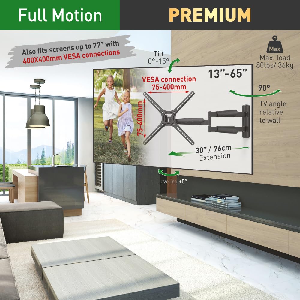 Barkan 30'' Long TV Wall Mount, 13-65 inch Full Motion Articulating - 4 Movement Flat/Curved Screen Bracket, Holds up to 80lbs, Extremely Extendable