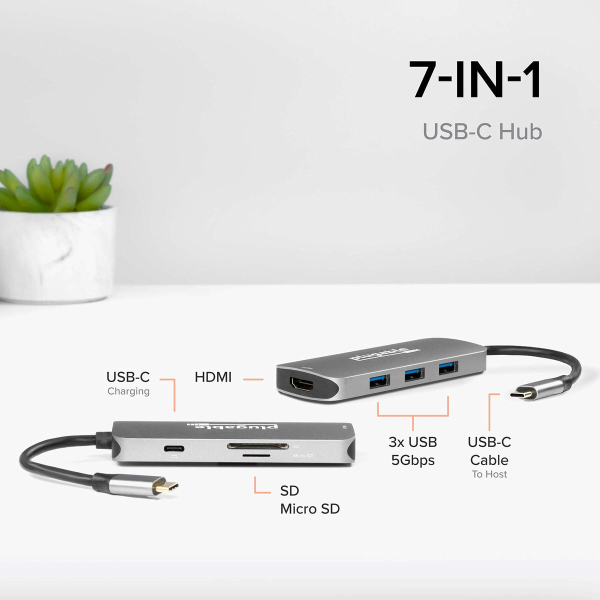 Plugable USB-C Hub 7-in-1 for Single HDMI Display, Driverless Hub
