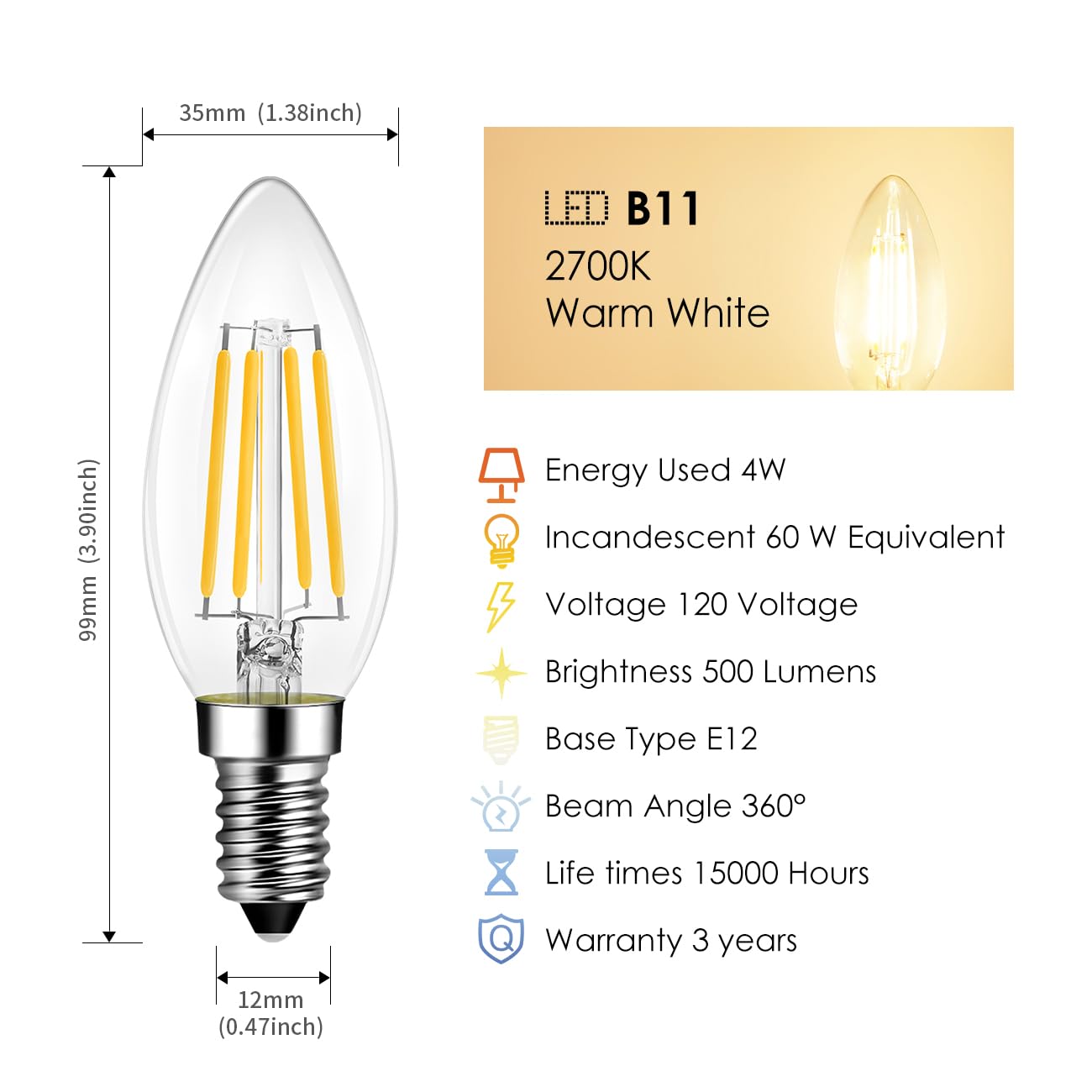 LVWIT E12 Candelabra LED Bulb, 4W Equivalent 60W, Non-Dimmable, 6 Pack
