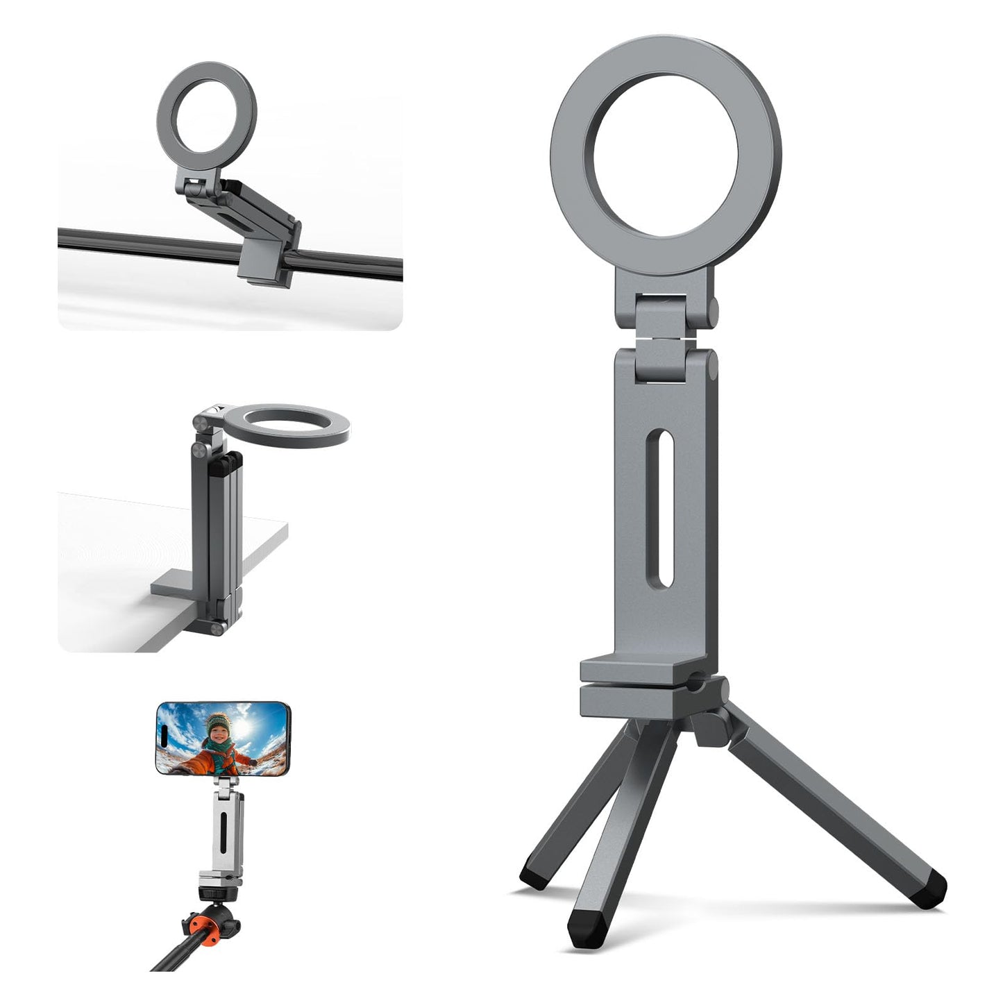 Magnetic Tripod for iPhone, Airplane Phone Holder for MagSafe Selfie Stick Adapter Travel Foldable Clip Clamp Plane Desktop Stand for iPhone 17 16 15