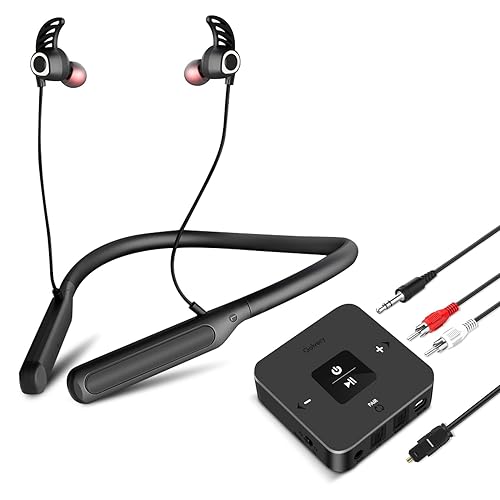 Golvery Bluetooth Headphones Transmitter for TV Watching, Neckband Wireless Stereo Earphones Earbuds Set w/Transmitter Adapter for Optical Digital RCA