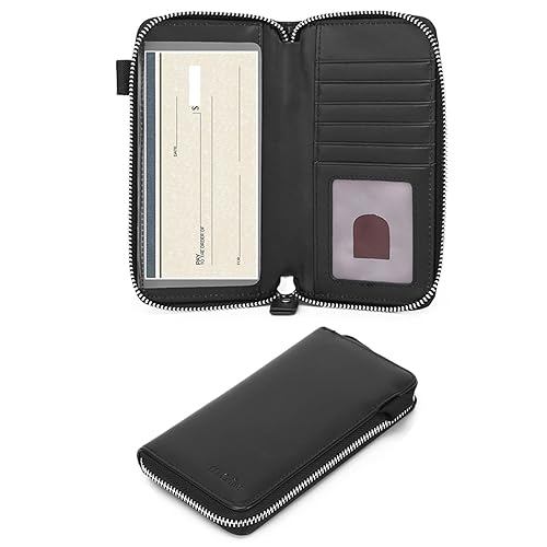 Genuine Leather Zipper Checkbook Cover with Divider & Card Holder Italian Calfskin, For Men & Women, Deluxe Check Holder RFID Blocking