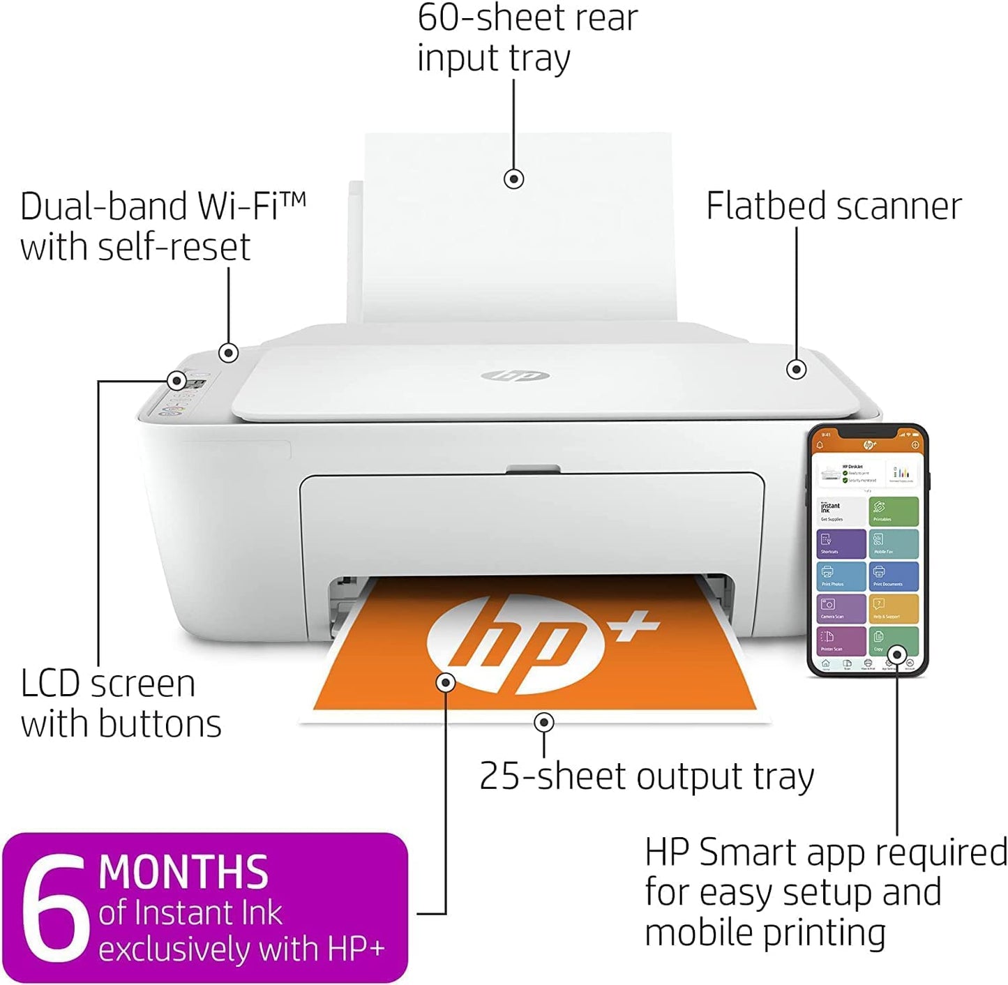 HP DeskJet 2752e Wireless All-in-One Instant Ink Ready Color Inkjet Printer, White - Print Scan Copy - Icon LCD Display, 1200 x 1200 dpi, WiFi
