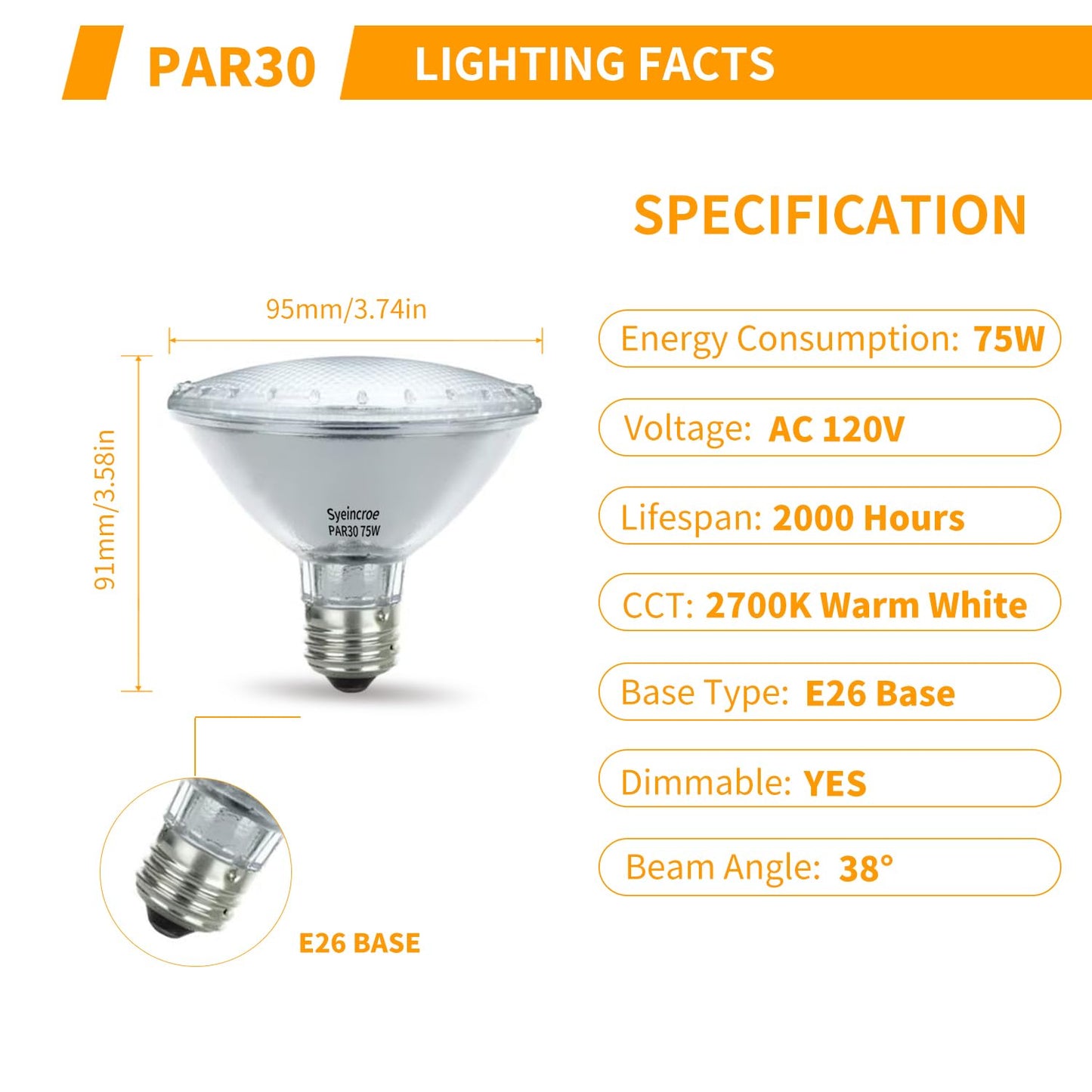 Syeincroe PAR30S Short Neck 75W Halogen Flood Light 6-Pack, Dimmable E26, Wide Beam for Shallow Recessed Cans, Living Room & Store Lighting