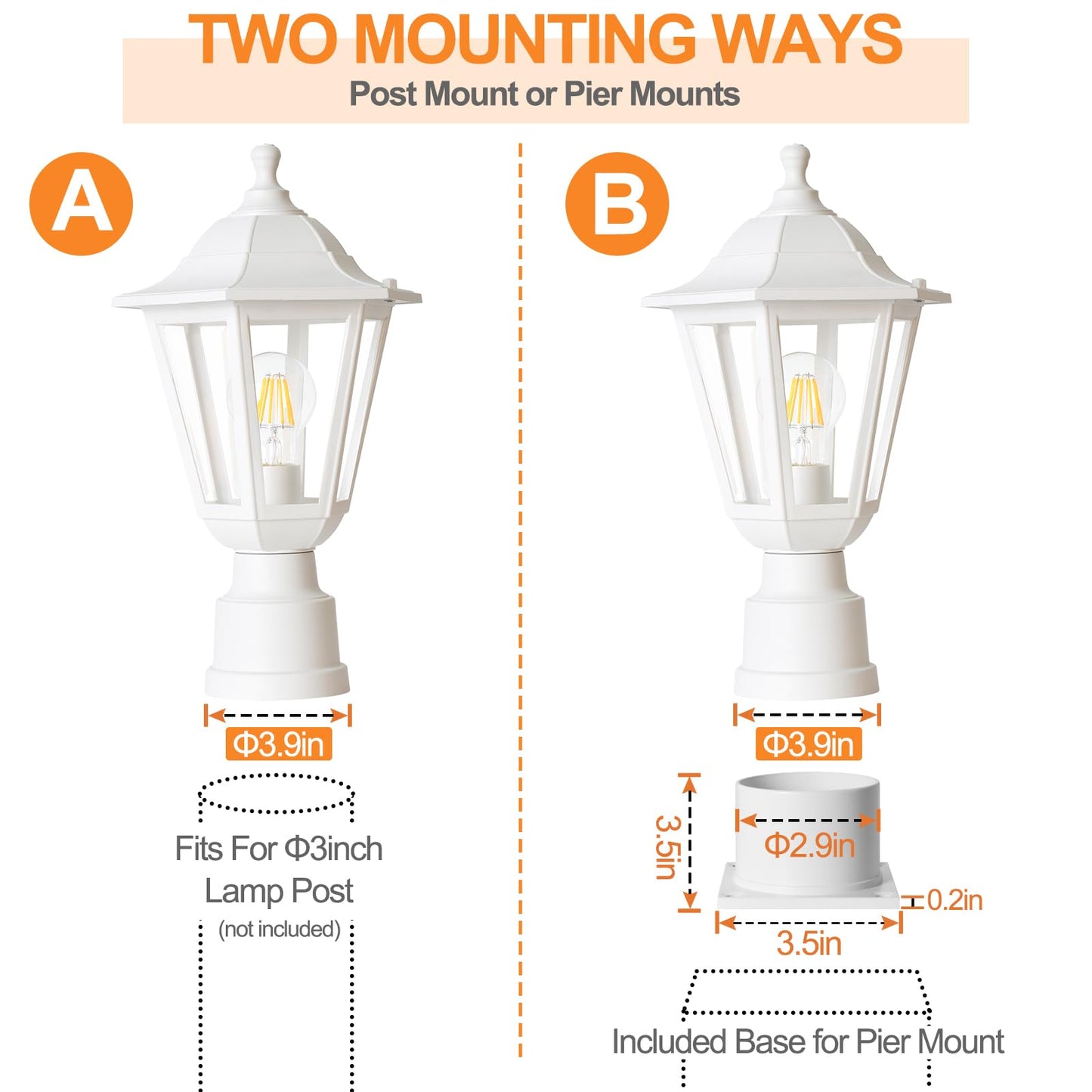 FUDESY Outdoor Post Light, Outdoor White Lamp Post Light Fixture with Pier Mount Base, Waterproof Pole Light Fixture with E26 Socket, Exterior Lamp