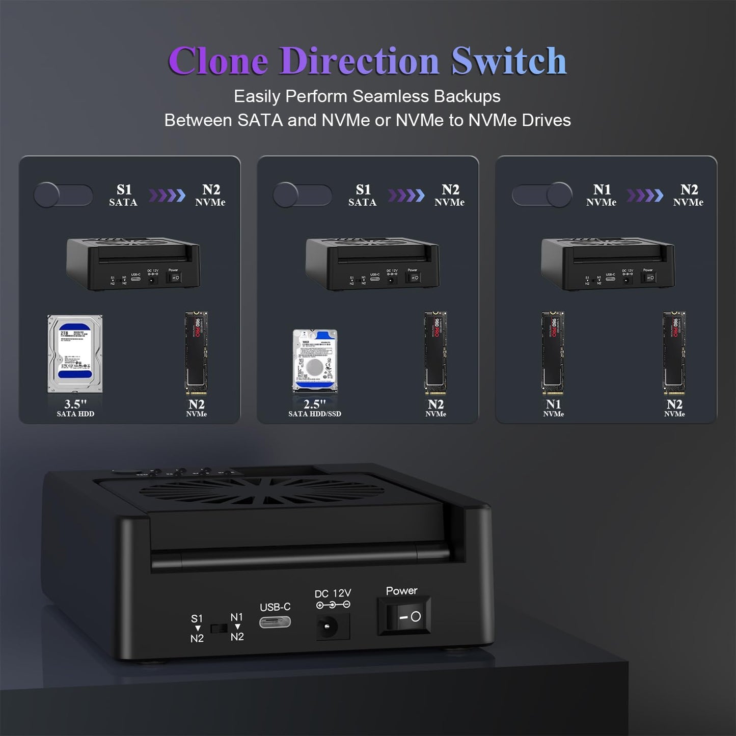 M.2 NVMe & SATA Hard Drive Docking Station, USB C 10Gbps Hard Drive cloner for M.2 PCIe NVMe + SATA 2.5”/3.5” HDD Converter, Offline Cloning
