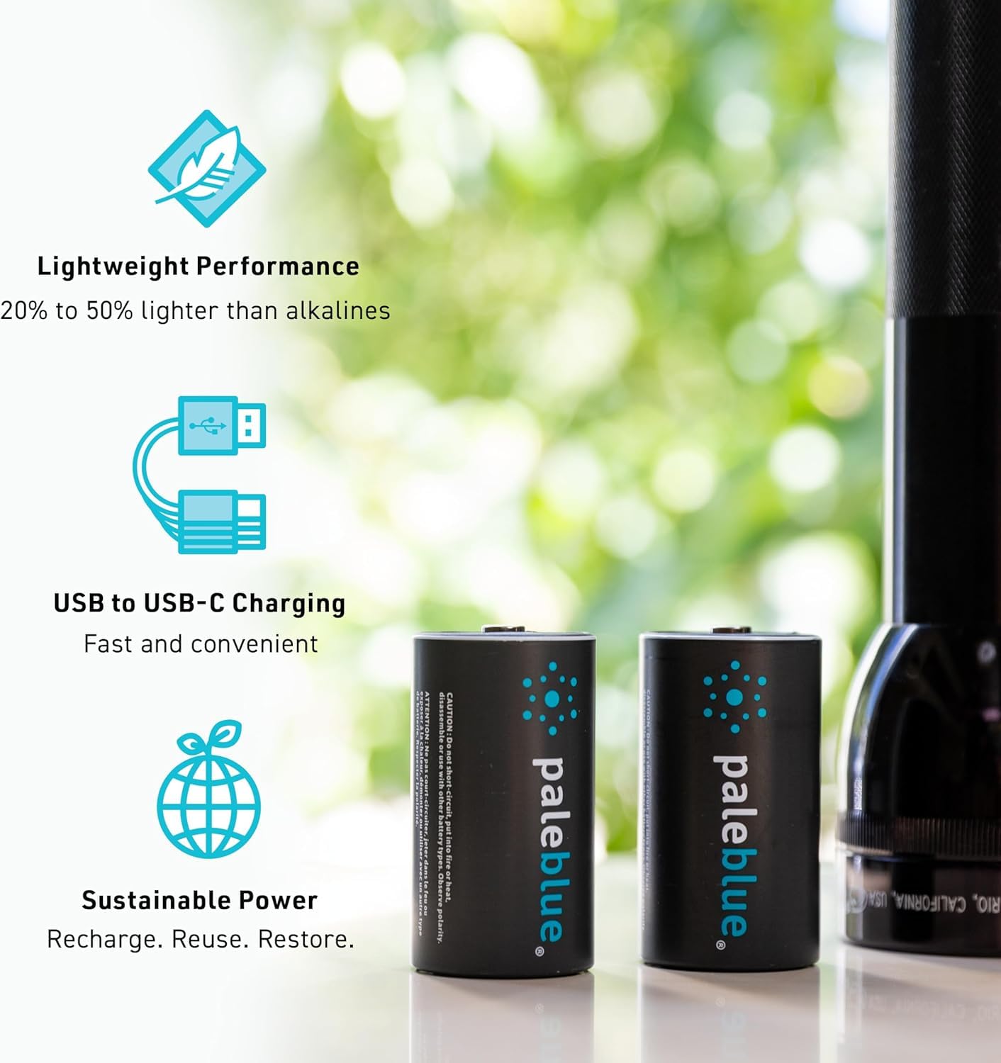 Paleblue 2-Pack USB Rechargeable D Lithium Batteries, Recharge over 1000 Times, 7400 mAh